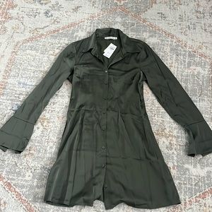 Olive green satin long sleeve button up dress